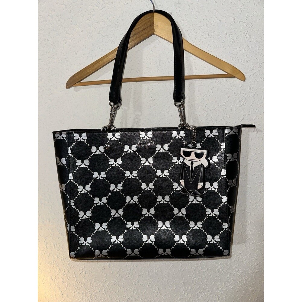 Karl Lagerfeld Paris Adele Tote Black White Monochrome Bow Print Bag Charms NWOT